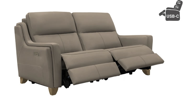 Parker Knoll Portland Large 2 Seat Double Power Plus Recliner Headrests Lumbar USB Madri Mushroom Leather Vintage Oak Leg